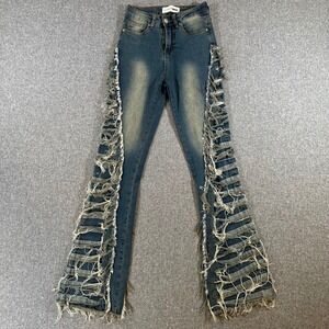Fashion Nova Women Distressed Shredded Side Cut Out Jeans Blue Flare Size 0 👖